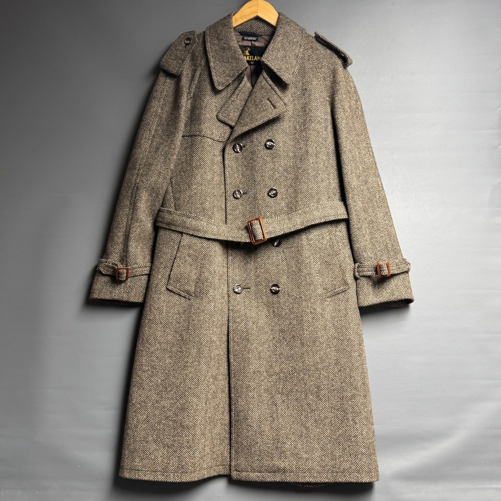 Lakeland Mens Herringbone Tweed Trench Coat Brown Wool Overcoat Size 42 Vintage